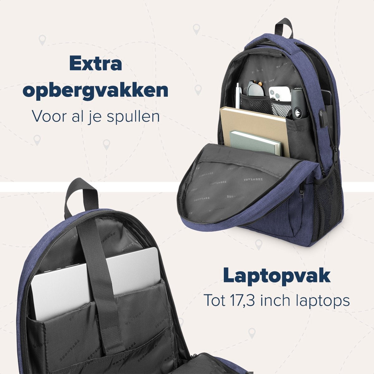 TRVLMORE Rugzak - 36L - 17,3 inch - Laptop Rugtas - Schooltas - Unisex - Spatwaterdicht Blauw