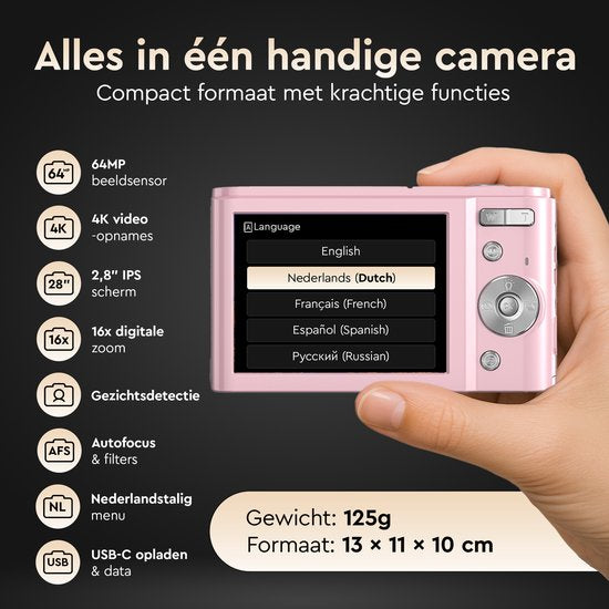 K&L Digitale Camera 4K - 64MP - Fototoestel - Compact Camera - Vlog Camera - Voor Kinderen - Inclusief 64GB - NL Software