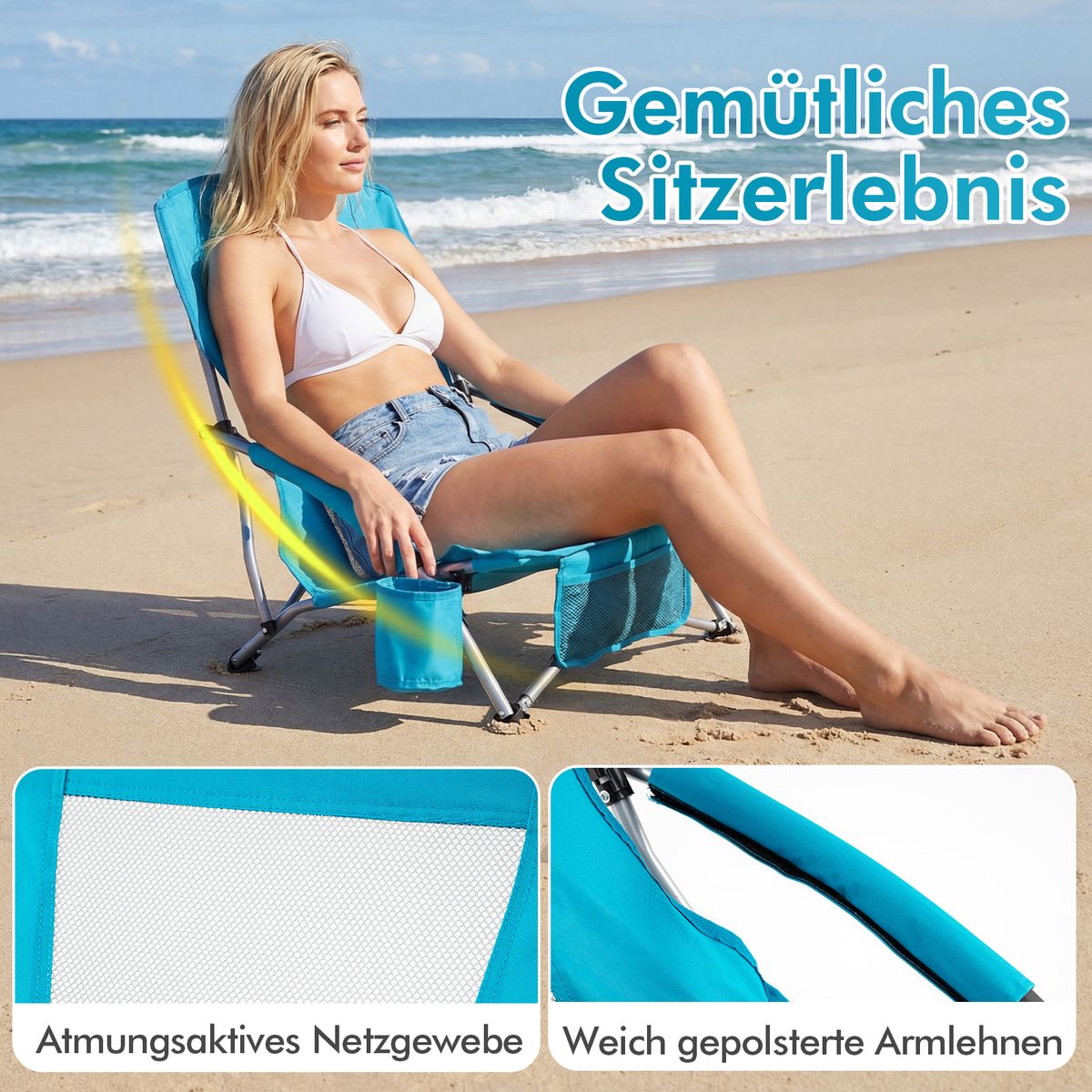 Coast Opvouwbare Strandstoel - ademend netstof - met armleuningen en bekerhouder - blauw
