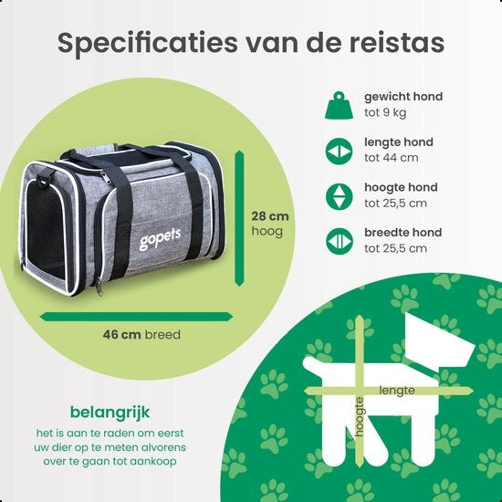 Gopets Draagtas Hond en Kat – Hondentas – Reistas – Kattentas – Geschikt Voor Vliegtuig – Tot 9,5KG – Grijs – 46 x 28 x 28 cm – L