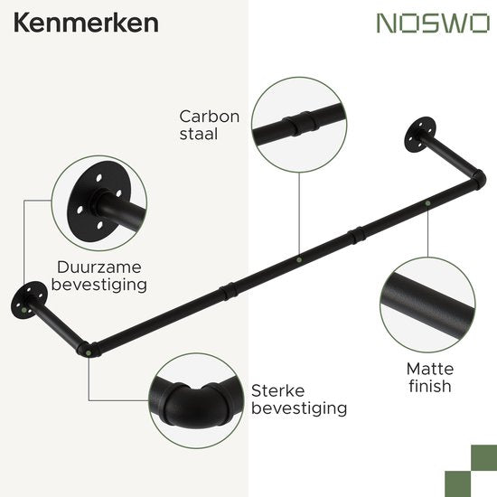 Noswo Kledingstang voor aan de Muur – 2 Stuks - Hoogwaardige Stalen Kledingroede – Kledingrek - Hangrek - Garderobe Stang - 112 cm – Zwart