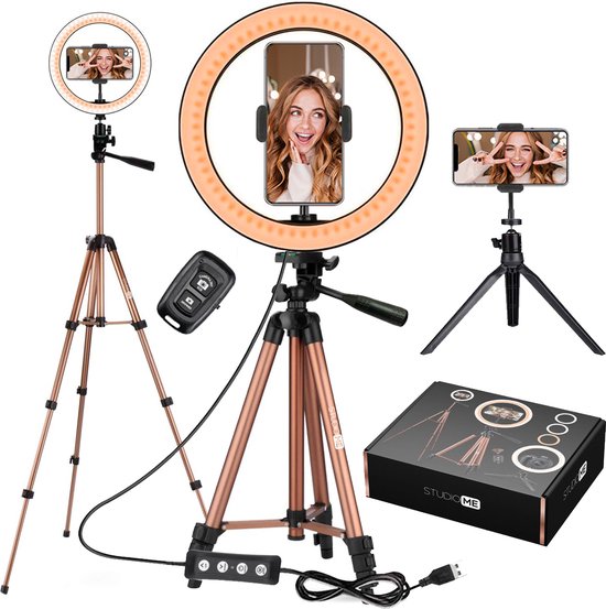 Studio ME Ringlamp met Statief - 10 inch / 26 cm - Ring Light - Rosegoud - Tiktok Lamp - Ringlight met Statief - 30 Lichtstanden - Ring Lamp - Incl. Afstandsbediening & Mini Tripod - Ringlampen