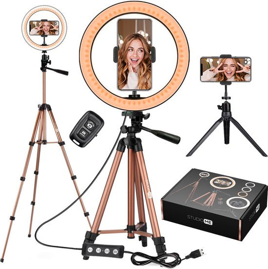 Studio ME Ringlamp met Statief - 10 inch / 26 cm - Ring Light - Rosegoud - Tiktok Lamp - Ringlight met Statief - 30 Lichtstanden - Ring Lamp - Incl. Afstandsbediening & Mini Tripod - Ringlampen