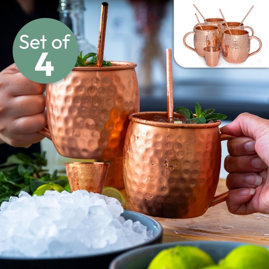 Gadgy Moscow Mule Bekers 4-delige Set - 100% Koper - Cocktailset : 4 Cocktailglazen, 4 Rietjes & 1 Barmaatje - Cadeau voor Vrouw en Man