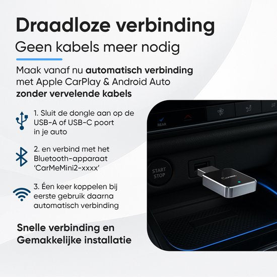 CarMe Mini 2-in-1 CarPlay Dongle V2 - Draadloos CarPlay & Android Auto - USB-A & USB-C - Android Auto Dongle - Zwart