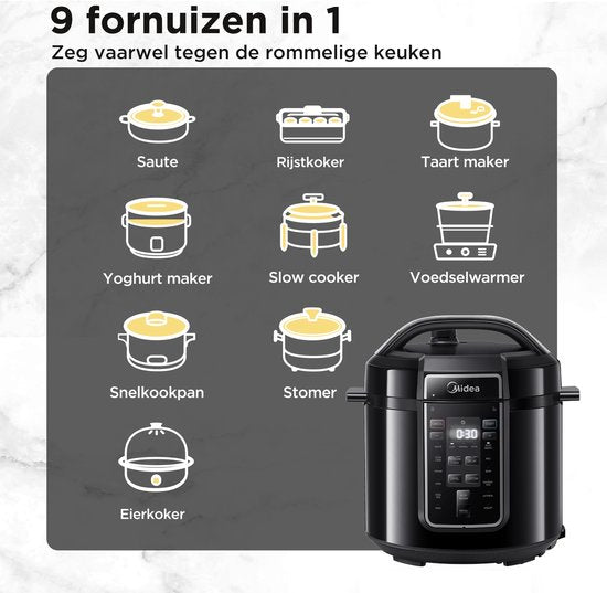 Midea Snelkookpan - Presure cooker - MY-CS6037WP - 13 programma' s - 6 L inhoud - 9 beveiligingslagen