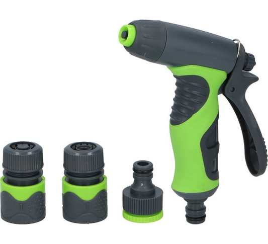 Kinzo 4-Delige Spuitpistool Set - Incl. 3 Verbindingsstukken voor Tuinslang - 8 Sproei-Standen - Soft-Grip Handgreep - Groen/Grijs