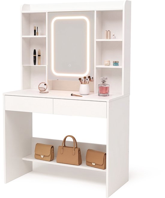 Infinity Goods Kaptafel met LED Spiegel - Make Up Tafel - Extra Veel Opbergruimte - Dimbaar - Wit