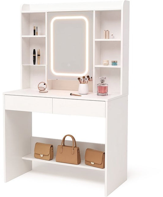 Infinity Goods Kaptafel met LED Spiegel - Make Up Tafel - Extra Veel Opbergruimte - Dimbaar - Wit