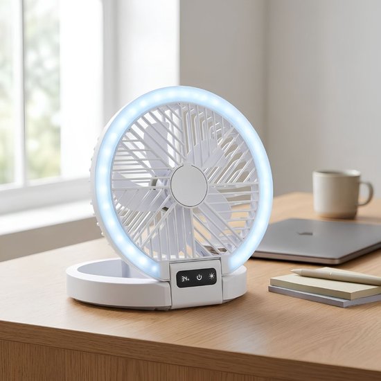 Lifetime Air Tafelventilator Oplaadbaar - Mini USB Ventilator 1200mAh - 5 Snelheden En LED Display - 21x20,5x23cm - Wit