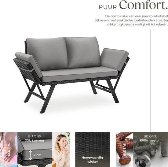tectake® 2-in-1 Wicker Tuinbank Sintra - Verstelbare Leuningen - Tuinset - Ligbed - Balkon Loungebank - Incl. Kussens - Outdoor Loungesofa - UV- en Weerbestendig Zonnebed - Lichtgrijs/Zwart