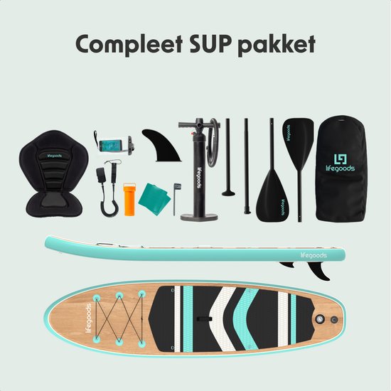 LifeGoods PaddlePro SUP Board - met Zitje - Opblaasbaar Paddle Board - Complete Set - Max. 150KG - 320x81cm - Hout/Mintgroen