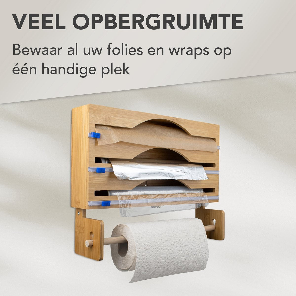 Nimma Rollenhouder - Keukenrolhouder en Foliehouder in 1 - Incl. Ophangsysteem en Foliesnijder - Geschikt voor 3 Rollen Folie - Bamboe
