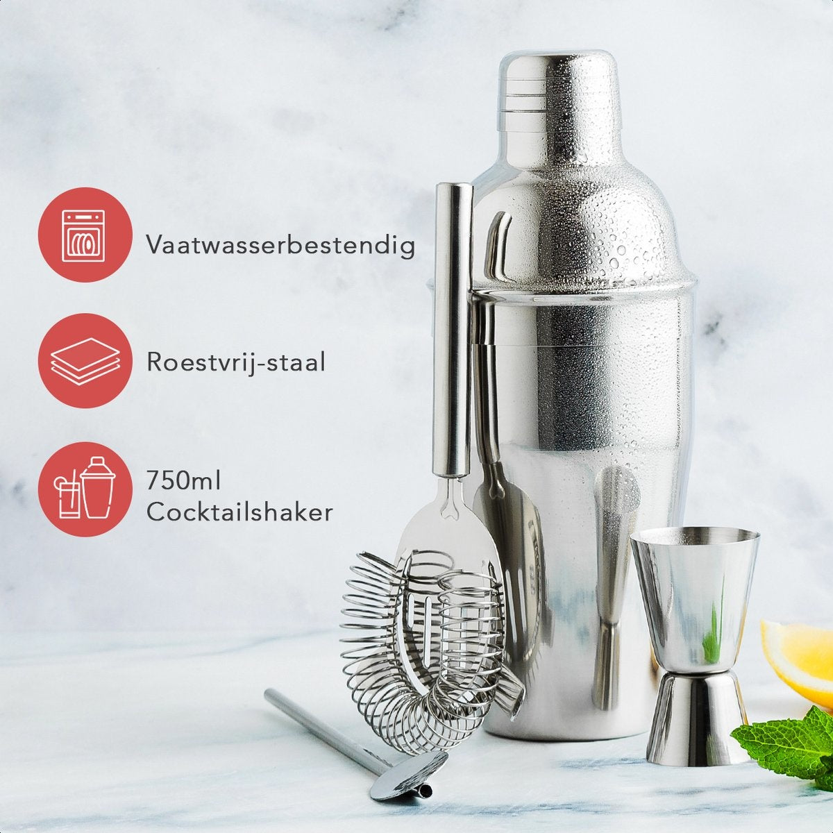KitchenBrothers Cocktail Set met Cocktailshaker - 13 Delig - Complete Set - Cadeauverpakking - RVS