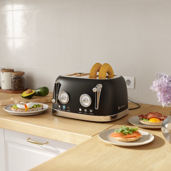 KitchenBrothers Retro Broodrooster - Toaster - 6 Warmteniveaus - 4 Extra Brede Sleuven - 815W - Zwart