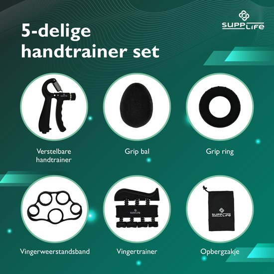 Supplife Handtrainer Set 5-delig – Verstelbare Handknijper met Teller – Grip Trainer & Gripbal - Vingertrainer – Anti RSI