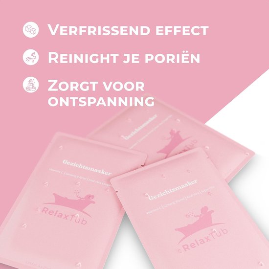 RelaxTub® Gezichtsmasker - 4 Stuks - Gezichtsmaskers Verzorging - Gezichtsmasker Hydraterend - Gezichtsverzorging Dames - Gezichtsmaskers Verzorging Meisjes - Bevat Vitamine C, Argan Olie, Aloë Vera, Ginseng Wortel - Dierproefvrij - 100% Natuurlijk