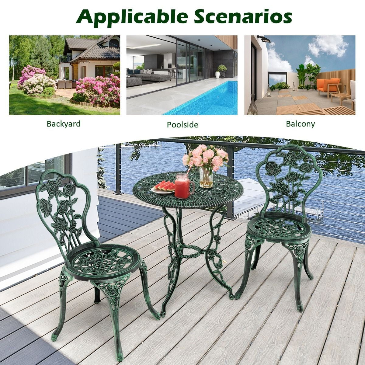 Coast 3-delige Bistroset Gietaluminium - 2 Stoelen 1 Tafel - groen