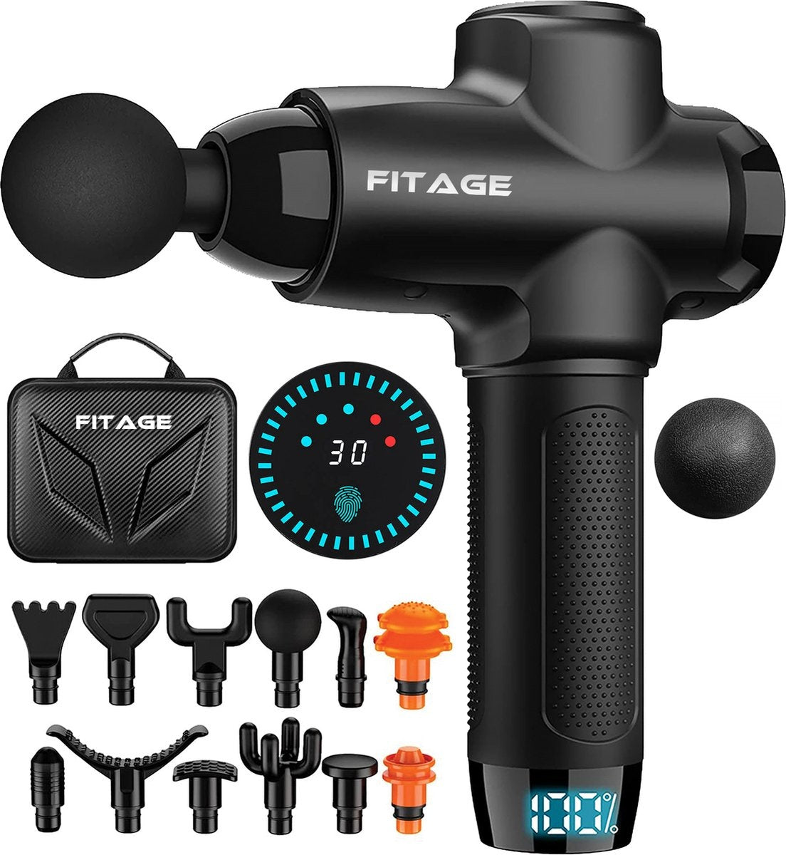 FITAGE Massage Gun Professioneel - 12 Opzetstukken - Massage Apparaat - Massage Pistool 30 Standen - Massageapparaat - Massagegun