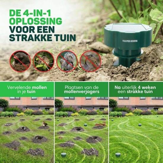 Vulpes Goods® Verjager - Mollenverjager - 4 Stuks - Muizenverjager - Mollenbestrijding - Werkt op zonne-energie - Waterdicht - Diervriendelijk - PRO V2