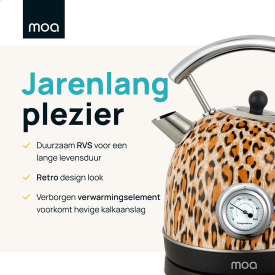 MOA Waterkoker Retro - 1,8 Liter - Elektrische Waterkoker - BPA-vrij - Anti Calcium Filter - RVS - 2200W - Panterprint