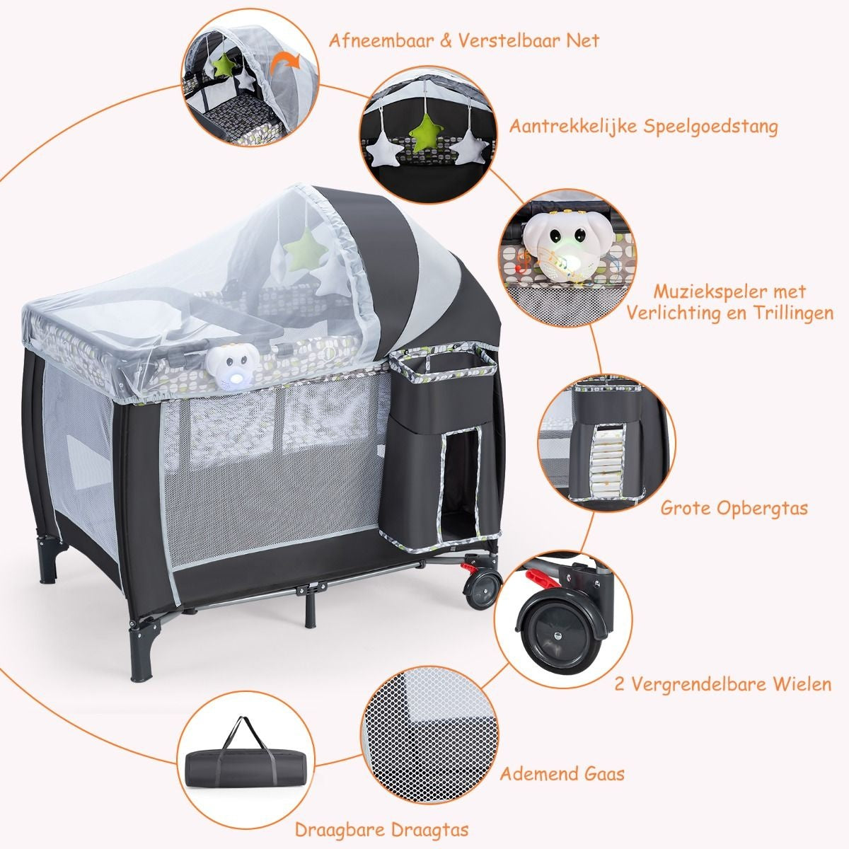 Coast 3-In-1 Inklapbaar Reisbed & Verschoonbed & Box met Afneembaar en Verstelbaar Gaas