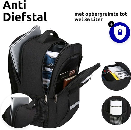 Anti Diefstal Waterdichte Rugzak Inclusief Usb Oplaadstation - 14 t/m 15.6 inch - Zwart - Met reflectie