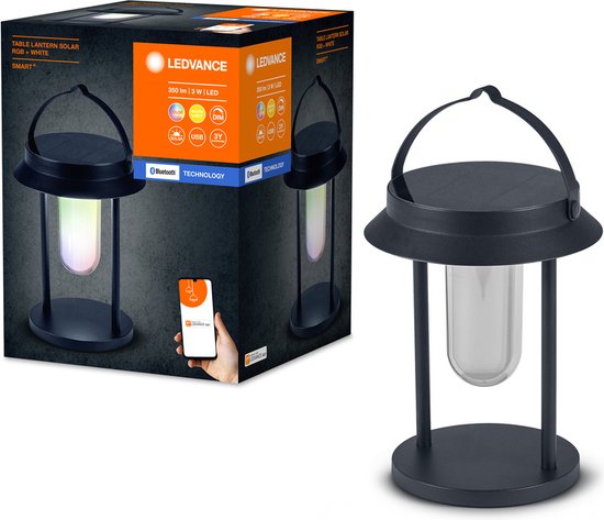 LEDVANCE SMART+ Outdoor Bluetooth Solar-Tafellamp, met witlicht (3000K) + kleurlicht, onafhankelijk van stroom, tot 5 uur brandtijd bij 100% licht, oplaadbaar, beschermingsklasse IP44, zwart