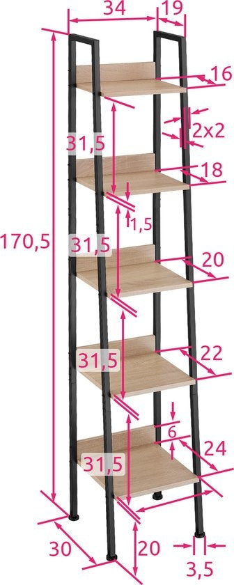 tectake - Wandrek ladderrek boekenrek - Folkestone industrieel lichtbruin - 404705