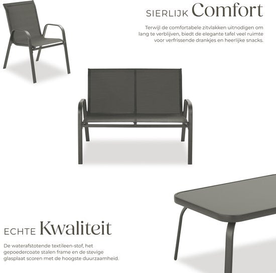 tectake® Tuinset Nora - Moderne Zitgroep voor 4 Personen - Loungeset met Tuinbank en 2 Tuinstoelen van Ademend, Waterafstotend Textileen-Weefsel - Balkonset Met Bijzettafel - Luxe Tuinmeubelset - Antraciet