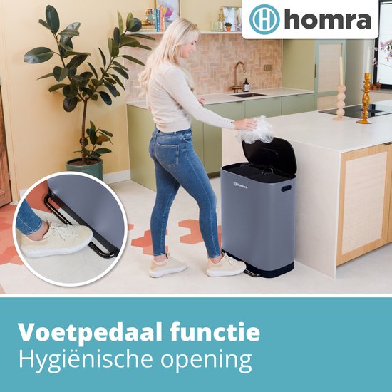 Homra Rockx Pedaalemmer 60 Liter - Duo Prullenbak 2X30L met Geurfilter - RVS Afvalscheidingsprullenbak 2 Vakken - Recycle Afvalbak - Vuilnisbak Keuken afval scheiden - Afvalemmer - Dubbele Prullenbak Grijs