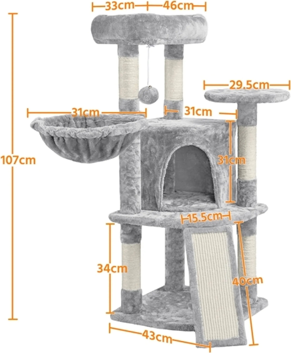 Yaheetech Krabpaal Met 5 Sisalpalen – Voorzien Van Gewatteerd Kijkplatform En Hangmat En Kattenhol – Voor 2 Tot 3 Kleine En Middelgrote Katten – Lichtgrijs Pluche En Metaal – 43,5 x 43,5 x 106 cm