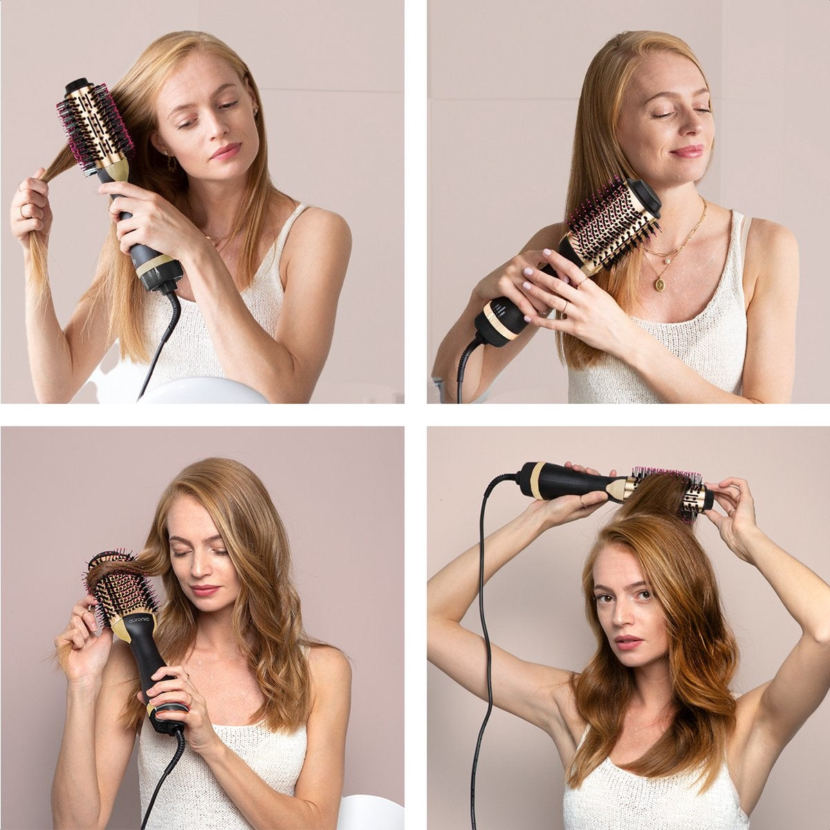 Auronic 3-in-1 Föhnborstel - Keramische Magic Brush - Airstyler - Lang/Stijl/Krullen - 1000W - Zwart/Goud