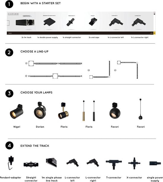 Lucide TRACK FLORIS Hanglamp - 1-fase Railsysteem / Railverlichting - 1xGU10 - Zwart (Uitbreiding)