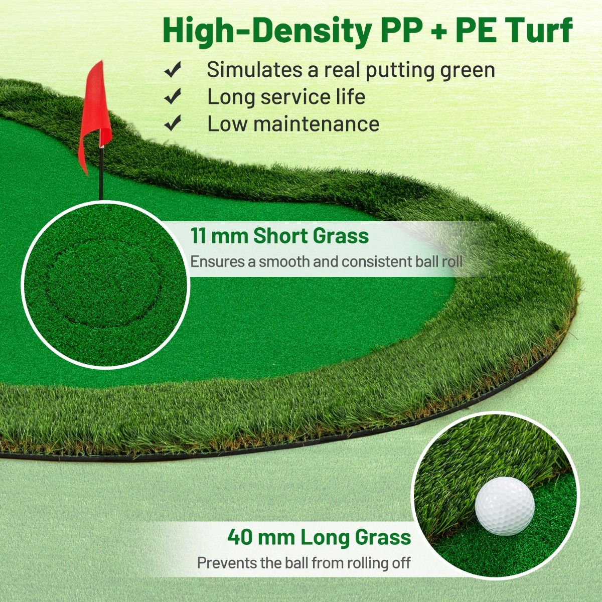 Coast Golf Puttingmat - 3 gaten - inclusief golfballen en vlaggen - 300 x 150 cm - groen