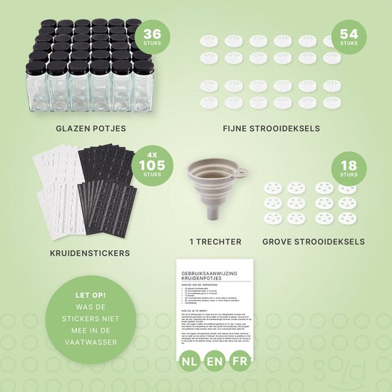 S.old - 36 Glazen Kruidenpotjes vierkant met Deksel Zwart - Kruidenstrooier - Complete set met Strooideksels, Voorbedrukte Stickers en Trechter - Inhoud 120 ml - 10,5 x 4,3 cm