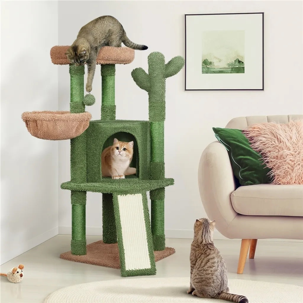 Yaheetech Kaktus Krabpaal XS 42,5 x 42,5 x 106,5 cm - Groen/Bruin - Kattenboom met Kattenhuis, Hangmand en Sisalpalen