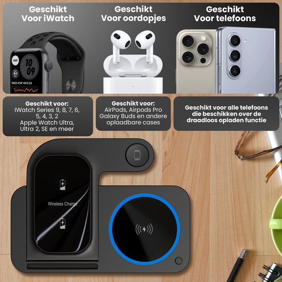 Strex 3-in-1 Draadloze Oplader - Oplaadstation - 15W Snellader - Opvouwbaar - Geschikt voor iOS & Android, Apple Watch, AirPods en Draadloze oortjes - Zwart
