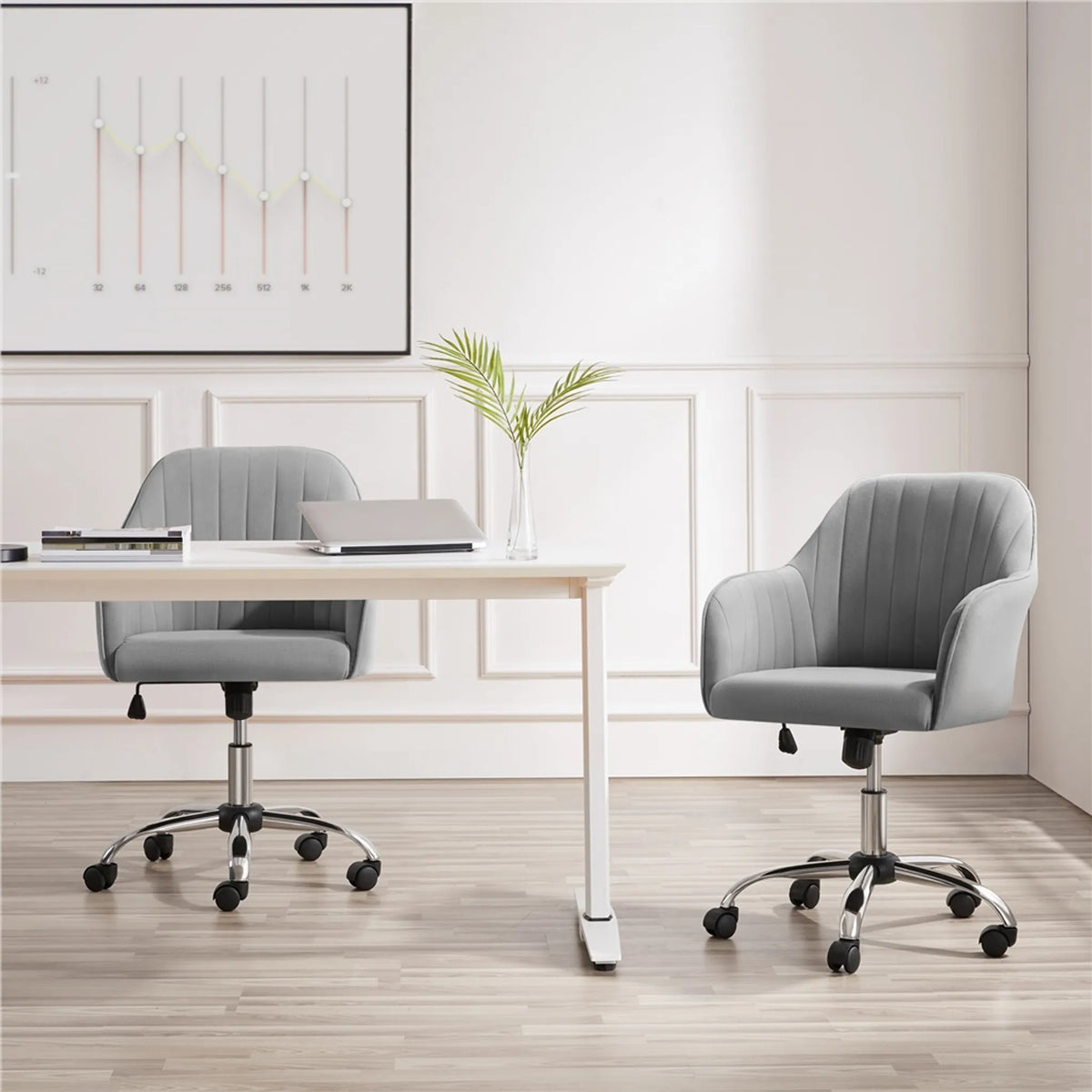 Yaheetech Bureaustoel Ergonomisch – Voorzien Van Luxe Fluwelen Bekleding En In Hoogte Verstelbare Gaslift En 360° Draaibare Nylon Wielen – Voor Kantoor En Studeerkamer – Lichtgrijs Metaal – 60 x 61 x 83-92,5 cm