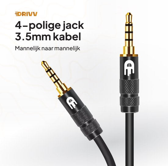 Drivv. AUX Kabel 3.5 mm - Jack naar Jack - 4 Polige Audio Kabel - Verguld - Male naar Male - PVC - Zwart - 2 meter