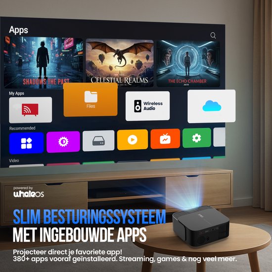Strex Smart Beamer WiFi - Mini Beamer met Apps (WhaleOS) - 1080P Full HD Projector - 4K Ondersteuning - Bluetooth en Ingebouwde Speakers - Inclusief Opbergtas & Projectiescherm