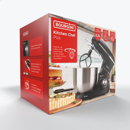 Bourgini Kitchen Chef Plus - XL Keukenmachine - 6.2L mengkom - Keukenrobot - 3 Accessoires - Keukenmixer - 1.2kg pizza/brooddeeg kneden