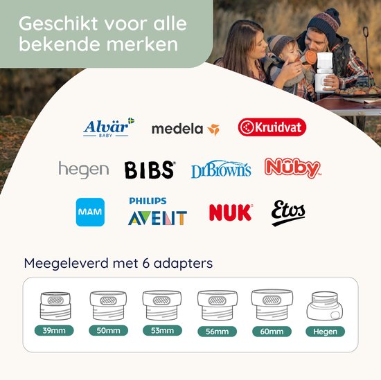 Numsy Draagbare Flessenwarmer Onderweg - 6 Adapters - 4 Standen - Draadloos - Flesverwarmer