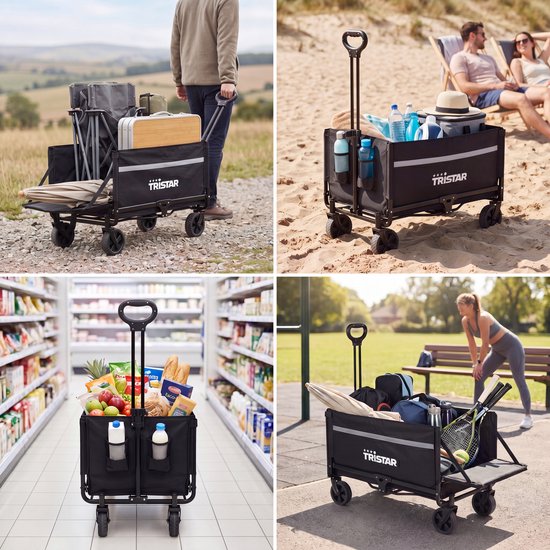 Tristar Bolderkar Opvouwbaar – 120 L – 100 kg Draagvermogen – Staal – Zwenkwielen – Inklapbare Bolderwagen Met Laadklep - Incl. Waterdichte Hoes - Compact - Festival - HC‑0917