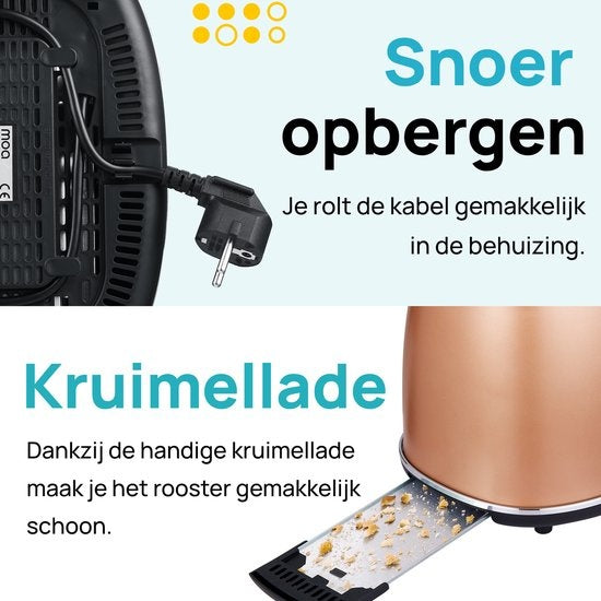 MOA Retro Broodrooster - 6 Warmteniveaus - 2 Extra Brede Sleuven - 850W - Reheat en Ontdooi-functie - Zwart - T3C