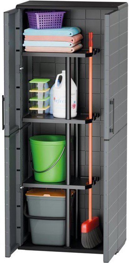 Bezemkast - TOOD - 2 deuren + 3 polypropyleen planken - 68 x 37 x H.163 cm - Grijs