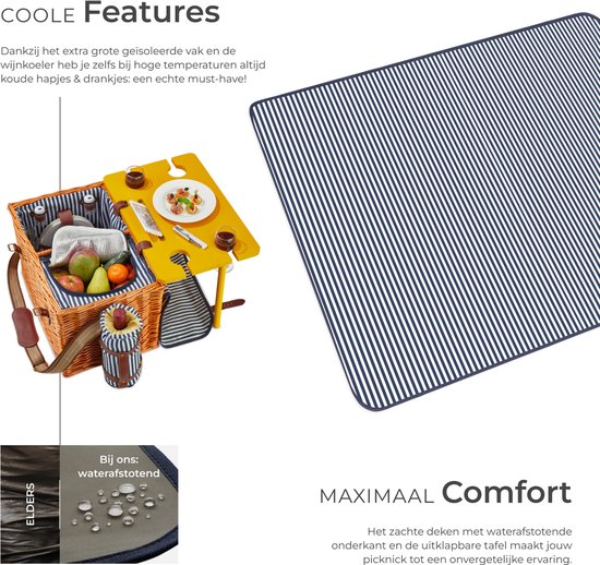 tectake® complete Picknickmand Set Texel - Luxe 24-delige Picknick set voor 2 personen - Rieten Picknick Mand met Picknickkleed - Inclusief Koelvak, Set met Borden, Kunststof Wijnglazen en Roestvrijstalen Bestek