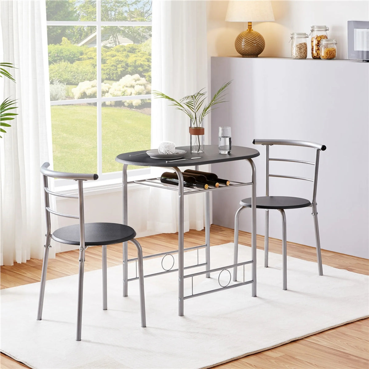 Yaheetech Eethoek Set Van 3 – Voorzien Van Tafel Met 2 Stoelen En Verstelbare Opbergplank En Waterafstotende Coating – Voor Keuken En Eetkamer – Zwart Metaal En MDF – 80 x 53 x 73,5 cm