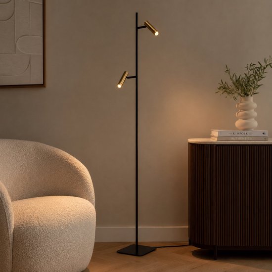 Vloerlamp Lumo 4608BR - Moderne tweelichts leeslamp van metaal met bronzen accenten, 125 cm hoog, draaibaar en kantelbaar, merk Mexlite