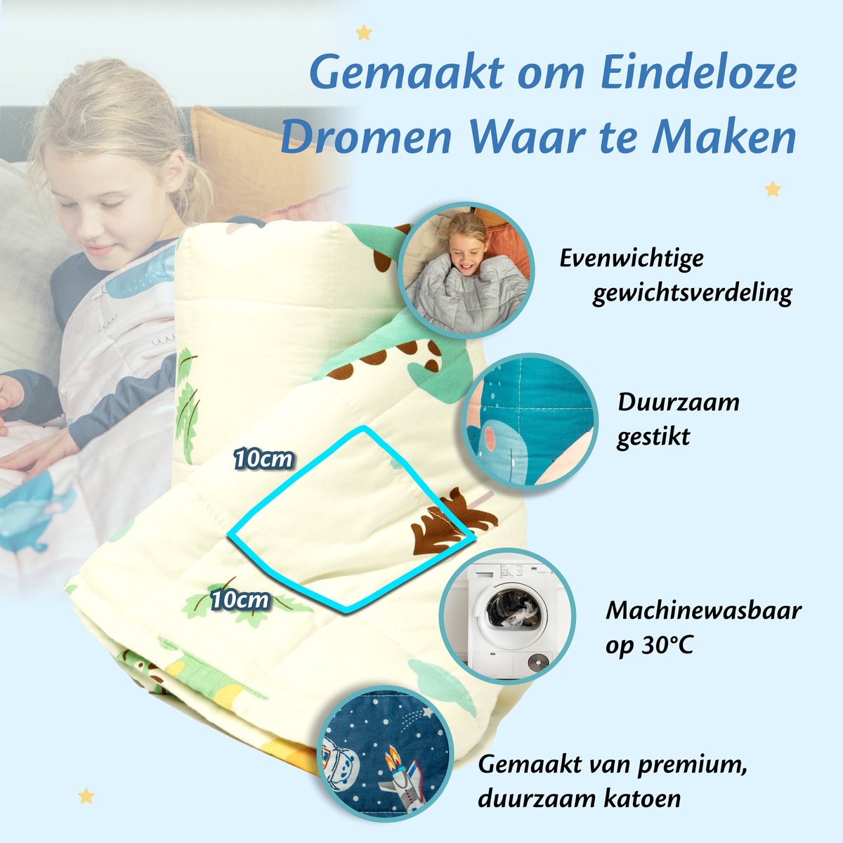 EL-Life Verzwaringsdeken Kind 3,2kg - 100 x 150cm - Zwaartedeken - Weighted Blanket - Verzwaarde Deken - OEKO-TEX Katoen - Ruimte & Astronauten